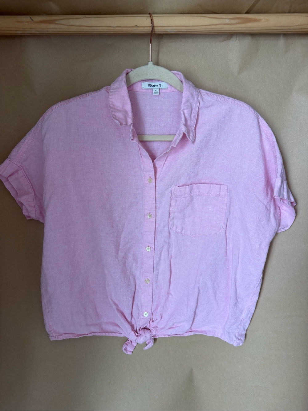 Madewell Pink Linen Button-Front Tie-Hem Shirt